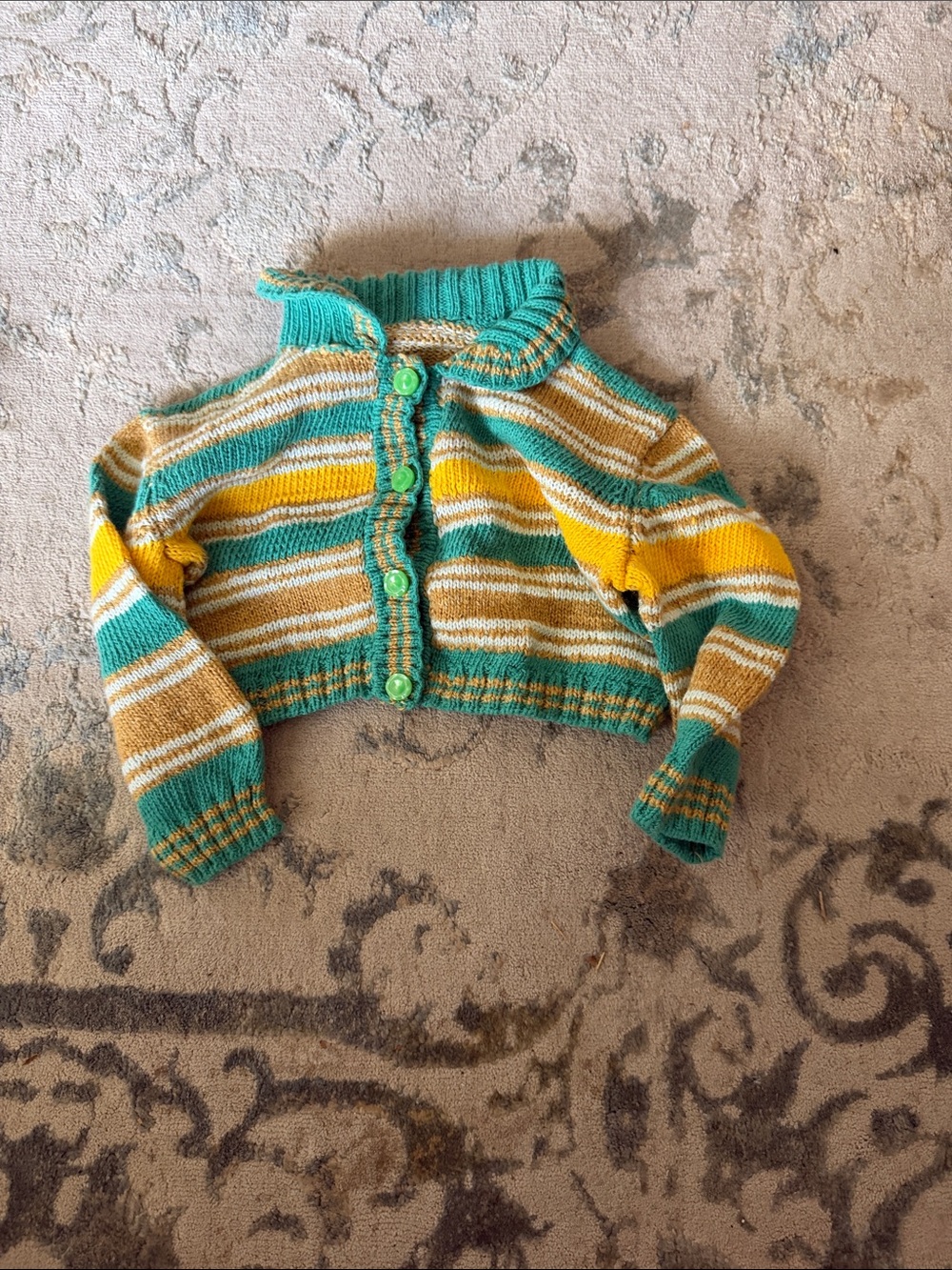 Kids Striped Knit Cardigan Jacket - Teal, Yellow & Cream. Handmade
